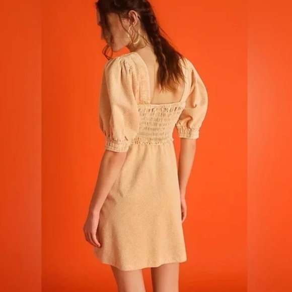 Free People Moon Flower Mini Dress Small Corduroy Puff Sleeve Smocked Bodice - Picture 4 of 11